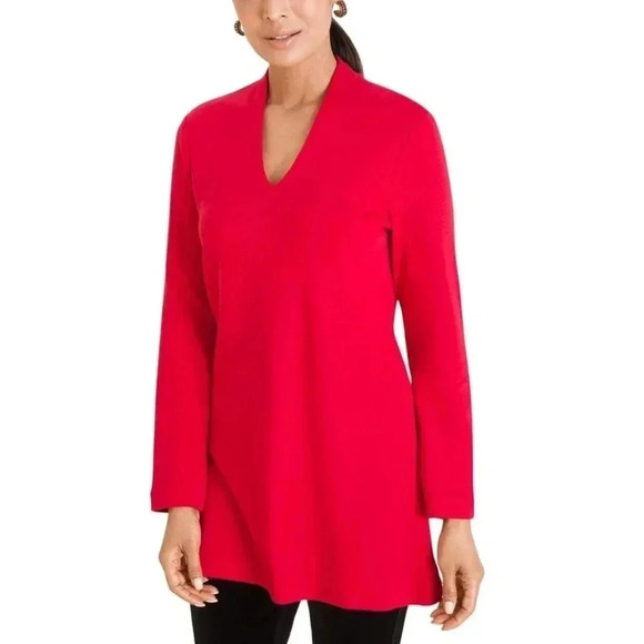 Chicos Cherry Red Super Soft Polished V-Neck Long Sleeve Tunic Top Size 1 US M/8 - Picture 1 of 6